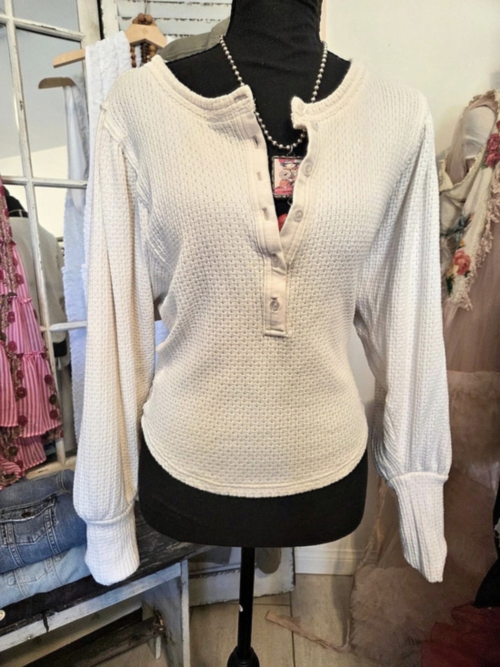 FP Textured Henley Long Sleeve Top in Cream Size XS